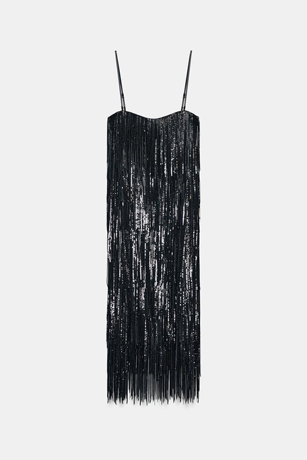 Chic Celebration Layered Sequined Tassels Slip Strapless H-line Midi Dress-consonak