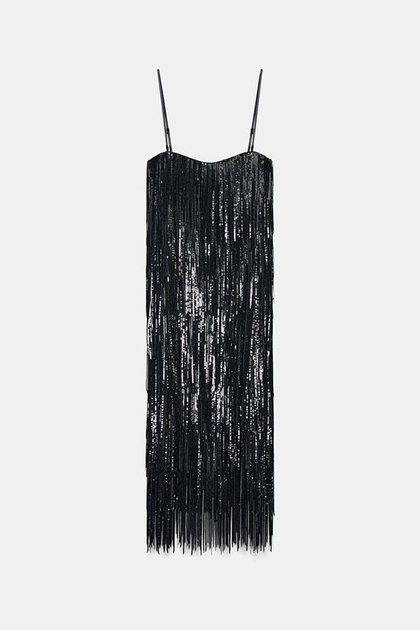 Chic Celebration Layered Sequined Tassels Slip Strapless H-line Midi Dress-consonak