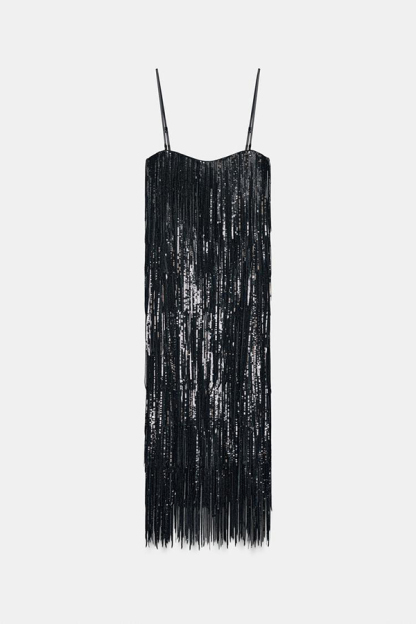 Chic Celebration Layered Sequined Tassels Slip Strapless H-line Midi Dress-consonak