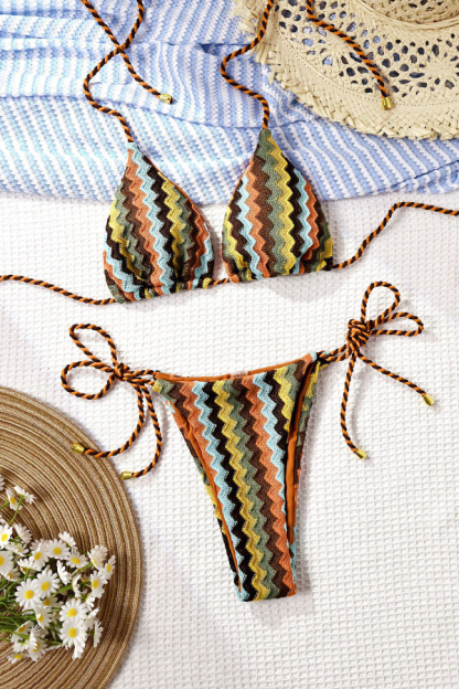 Colorful Crochet Texture Lace-up Two-Piece Elastic Bikini Swimsuit-consonak