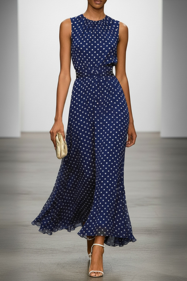 Polka Dot Print Round Neck Sleeveless Pleated Waist Casual Maxi Dress | Consonak