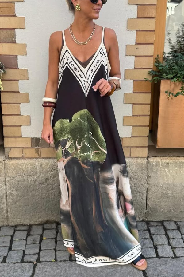 Unique Print Loose-fitting V-neck Casual Holiday Maxi Dress