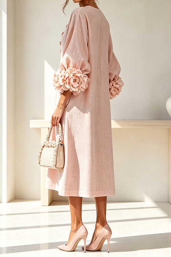 Rima Linen Blend Flowers Button Down Floral Cuffs Half Sleeve Pocket Midi Dress-Consonak