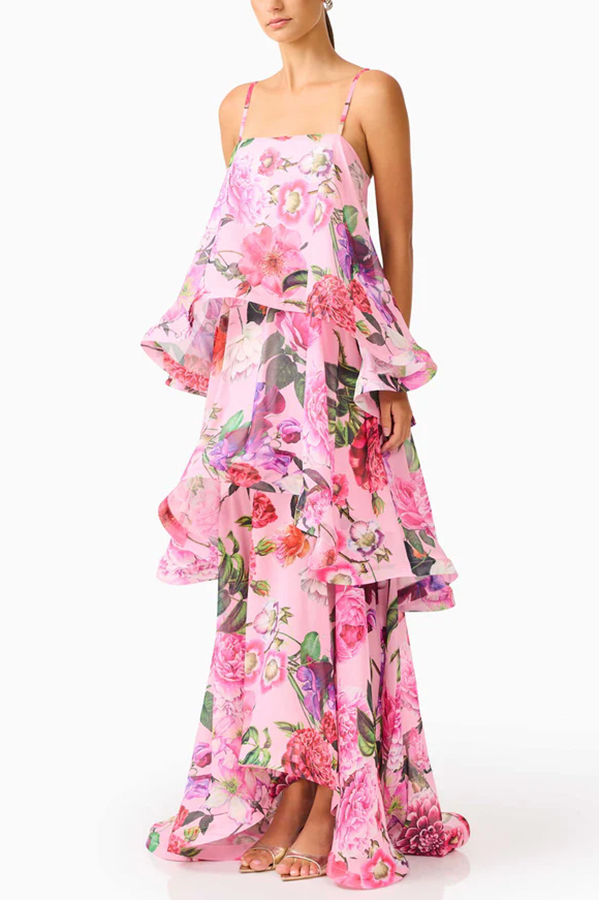 Armani Georgette Fabric Floral Print Tiered Slip Square Neck A-line Maxi Dress