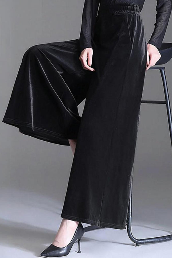 Fashionable Velvet Loose-fitting Casual Elastic Waist Pocket Straight Leg Pants-consonak