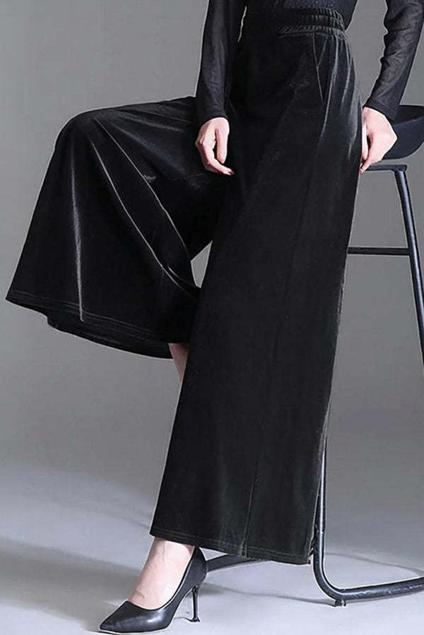 Fashionable Velvet Loose-fitting Casual Elastic Waist Pocket Straight Leg Pants-consonak