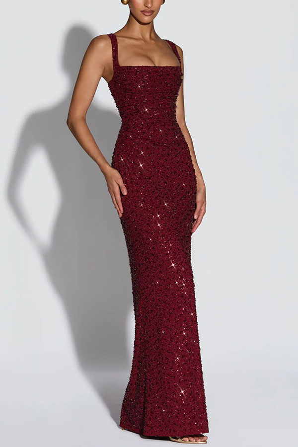 Calanthe Sequin Embellished Chiffon Ruched Square Neck Back Lace-up Maxi Dress | Consonak