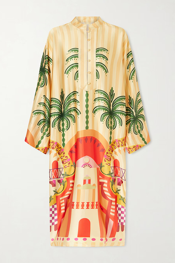 Vibrant Satin Urban Landscape Print Button Long Sleeve Slit Kaftan Midi Dress