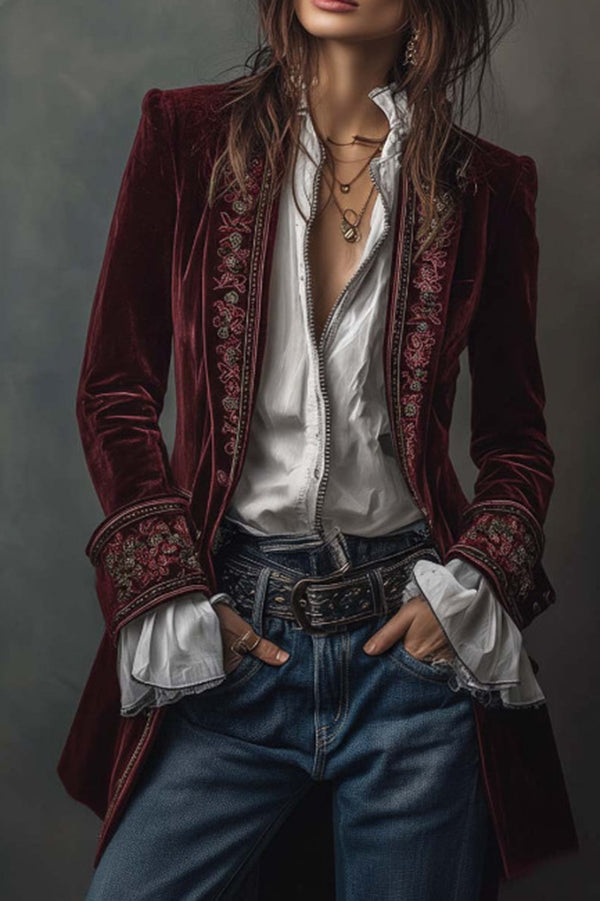 Gold Velvet Patchwork Printed Edge Long-sleeved Casual Jacket-consonak