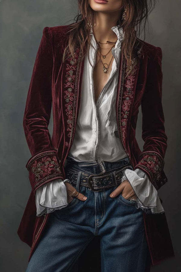 Gold Velvet Patchwork Printed Edge Long-sleeved Casual Jacket-consonak