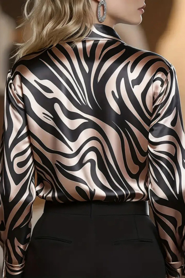 Zebra Print Satin Casual Long-sleeved Button-down Shirt-consonak
