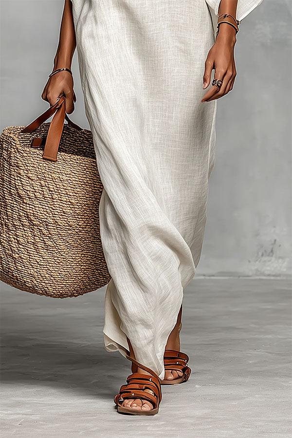 Bella Linen Blend Striped Print Off Shoulder Half Wide Sleeve Loose Maxi Dress-consonak