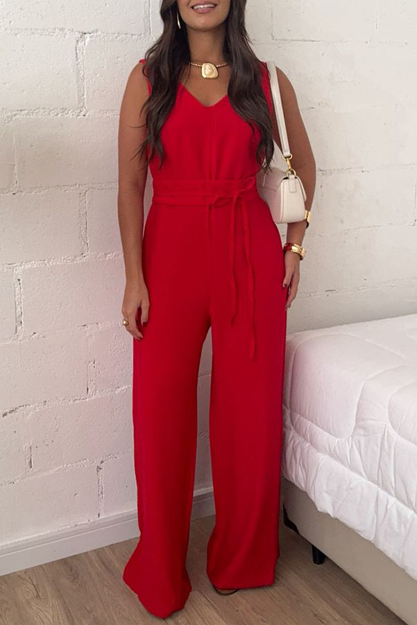 Elaris Linen Blend V-neck Tie-up Waist Pocketed H-line Wide Leg Jumpsuit | Consonak