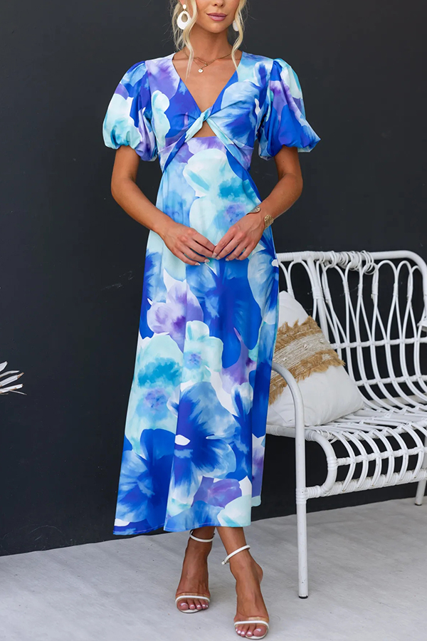 Sophia Floral Print Satin Puff Sleeve Twist Bust Cutout Midi Dress-consonak