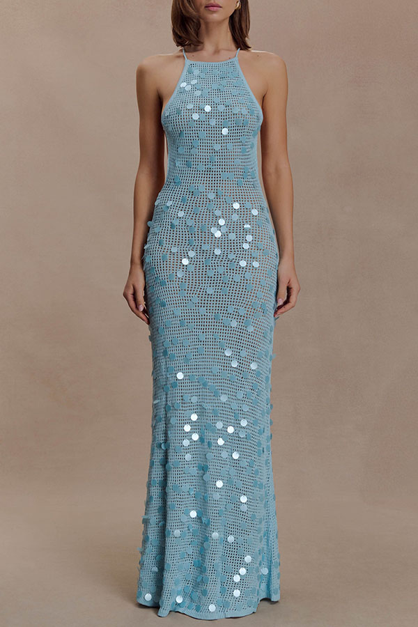 All Shimmer Knit Crochet Sequin Open Back Lace-up Vacation Maxi Dress-consonak