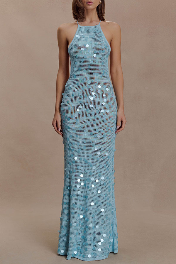 All Shimmer Knit Crochet Sequin Open Back Lace-up Vacation Maxi Dress