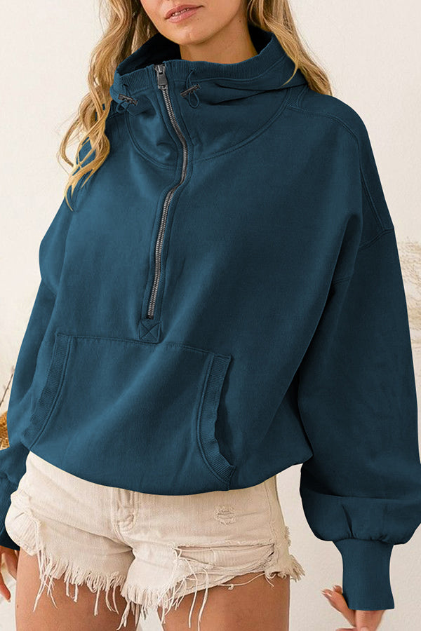 Front Pocket Zip Drawstring Long Sleeve Hoodie-consonak