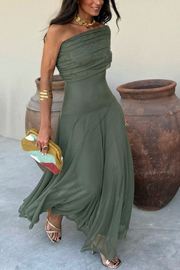 In My Arms Mesh Ruched Strapless Paneled Drape Flare Maxi Dress