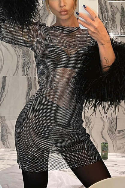 Night Surprise Rhinestone Fabric Feather Sleeve Party Mini Dress-consonak