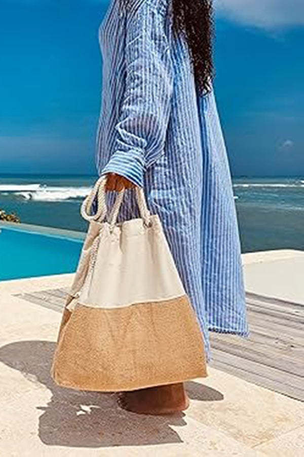 Linen Blend Contrast Patchwork Beach Bag-consonak