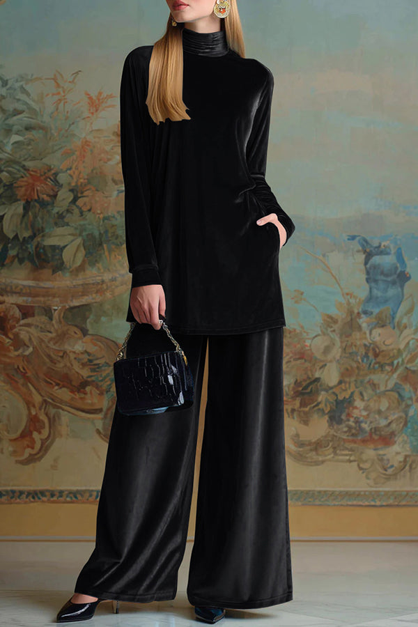 Solid Color Velvet Turtleneck Long-sleeved Loose Top and Elastic Waist Pocket Casual Wide-leg Pants Set-consonak
