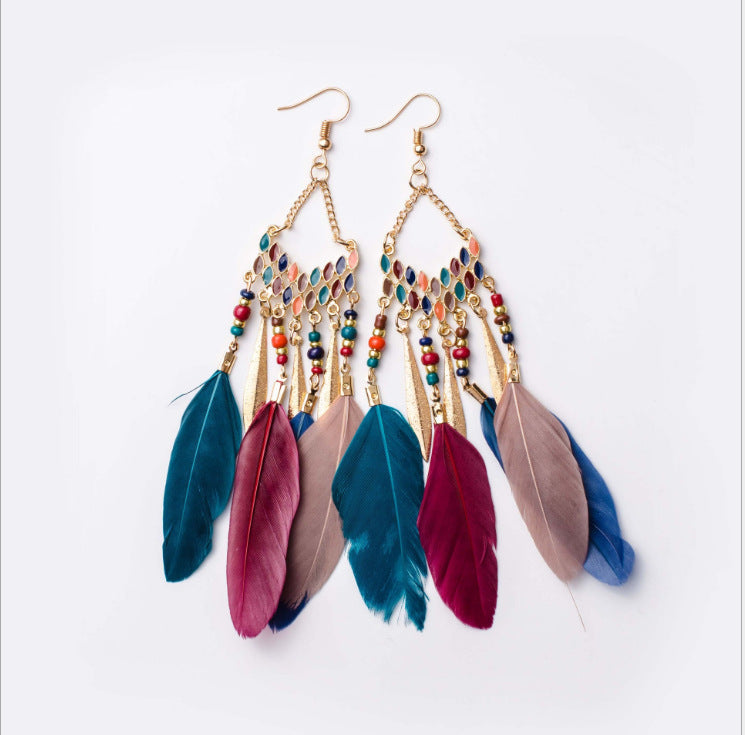 Vintage chain tassel bohemian feather earrings-consonak