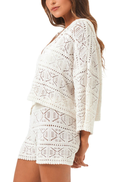 Solid Color Hooded Long-sleeved Loose Top and Stretch Openwork Shorts Knitted Cover-up Set-consonak