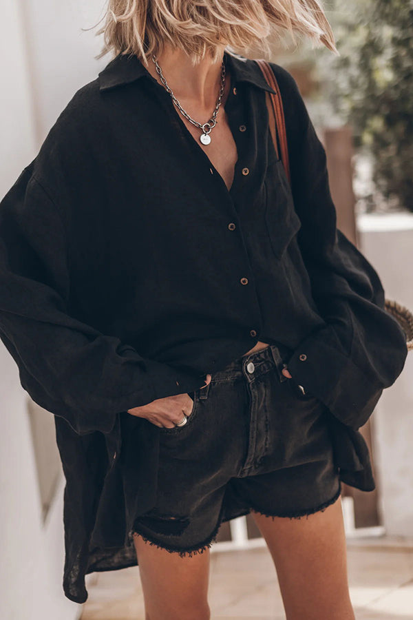 Go To The Beach Linen Blend Pocketed Long Sleeve Oversized Shirt | Consonak