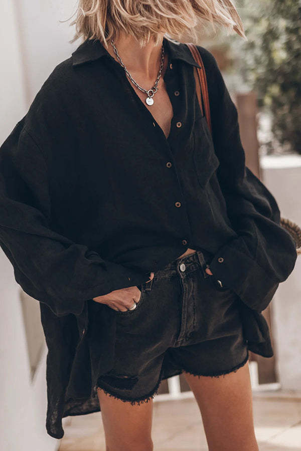 Go To The Beach Linen Blend Pocketed Long Sleeve Oversized Shirt-consonak