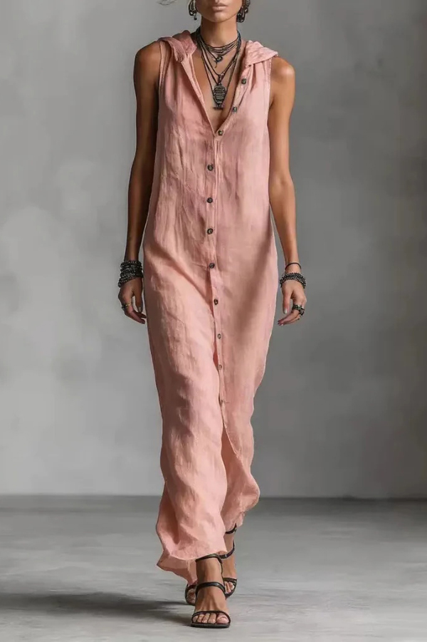Linen Blend Solid Color Loose Single-breasted Sleeveless Casual Maxi Dress