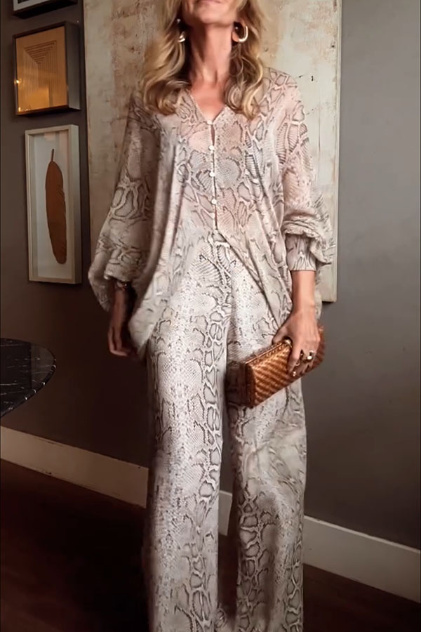 Iselle Animal Print Button Up Batwing Sleeve Shirt and Elastic Waist Wide Leg Pants Set | Consonak