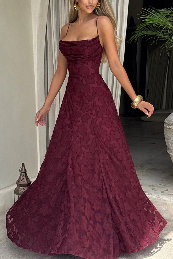 Francis Custom Floral Burnout Fabric Cowl Neck Back Lace-up Maxi Dress-consonak