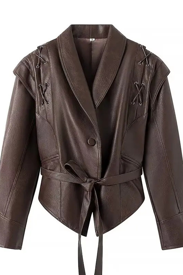 Street Warrior Faux Leather Distressed Style Lace-up Lapel Belt Oversized Jacket-consonak