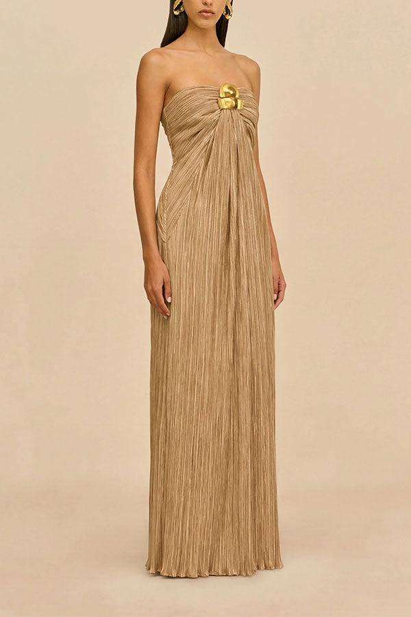 Golden Hour Metallic Pleated Strapless Maxi Dress-Consonak