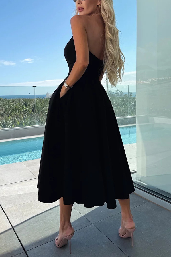 Sweet Cascade Solid Color Off Shoulder Pocket Full Hem Midi Dress-consonak