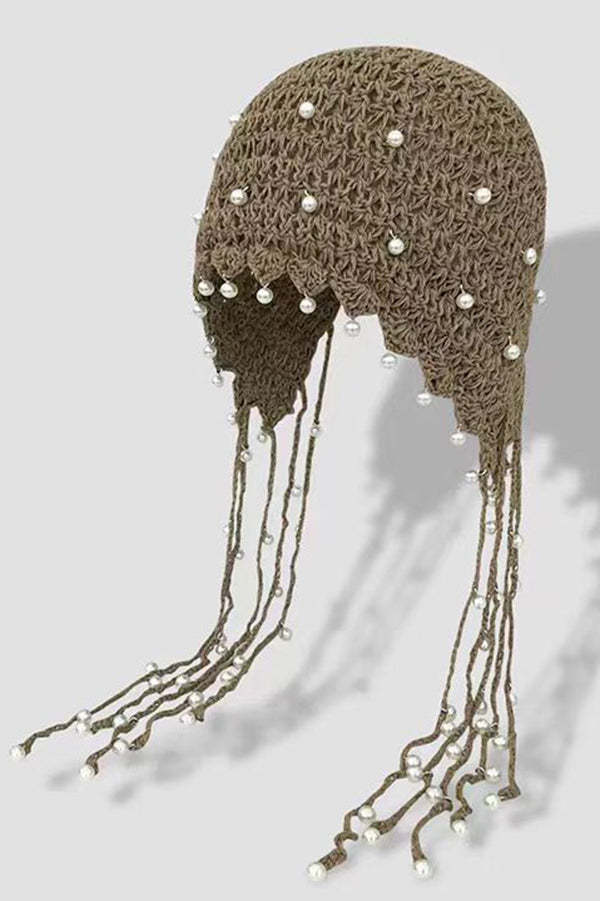 Solid Pearl Embellished Hollow Knit Hat-consonak