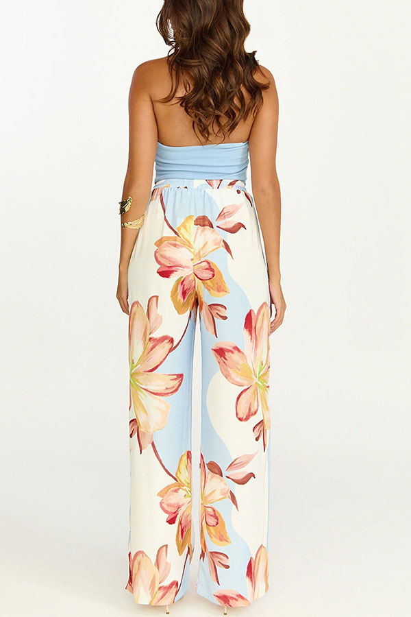 Shades of Cornflower Printed Bandeau Crop Scarf Top and Elastic Waist Pocket Wide Leg Pants Set
