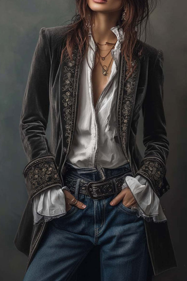 Gold Velvet Patchwork Printed Edge Long-sleeved Casual Jacket-consonak