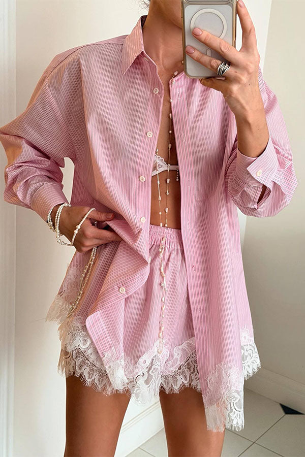 Linen Blend Shirt and Lace-trimmed Shorts Set-Consonak