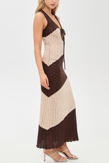 Fashionable Color-blocked Openwork Knit Slim-fit Maxi Dress-consonak