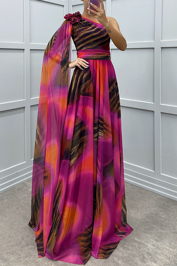 Lucia Unique Print Floral Detail One Shoulder Draped Sleeve Gown Maxi Dress | Consonak