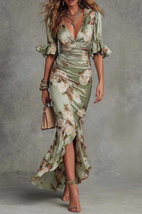 Floral Print V-neck Ruffled Short-sleeved Fitted Waist Pleated Maxi Dress | Consonak