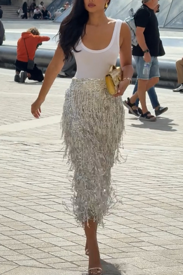 Evening Charm Layered Sequined Tassels High Rise Back Zipper Slit Midi Skirt | Consonak