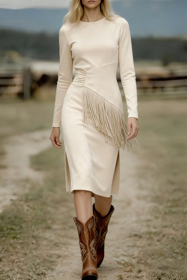 Solid Color Round Neck Long-sleeved Suede Slim-fit Tassel Midi Dress-consonak