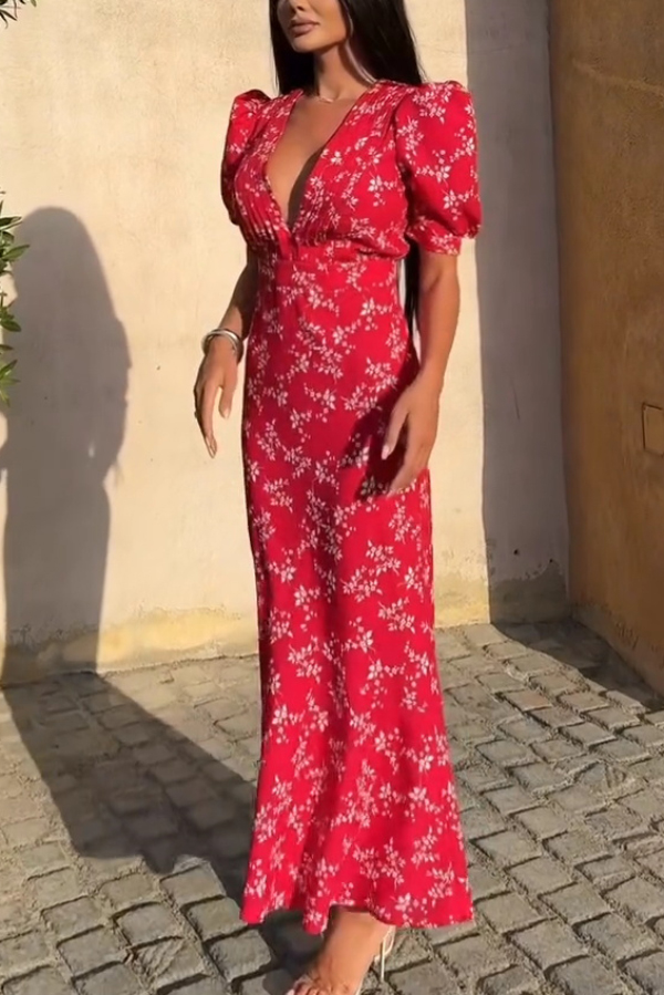 Floral Print V-neck Puff Sleeve High-waisted Slim-fit Maxi Dress