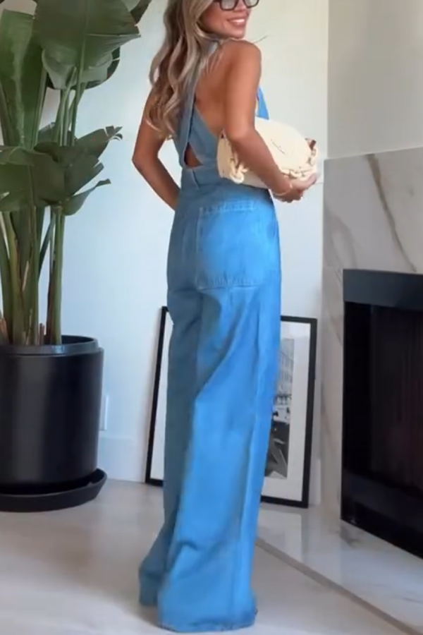 Bold Design Denim Vest-inspired Bodice Crisscross Strap Pocket Loose Jumpsuit | Consonak