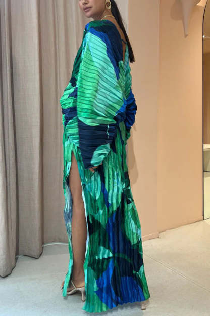 Tropical Oasis Capri Print Kimono Sleeve Pleated Cocoon Maxi Dress-consonak