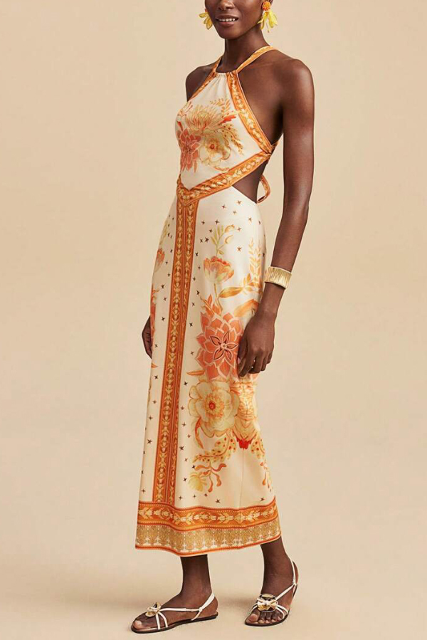 Floral Print Sleeveless Backless Tie Slim-fit Vacation Maxi Dress