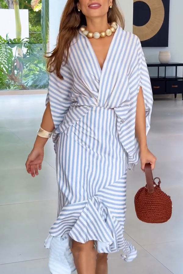 Tierra Striped V-neck Batwing Sleeve Loose Shirt and High Waist Irregular Fishtail Hem Midi Skirt Set-consonak