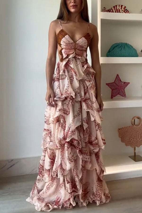 Ariae Butterfly Print Multi-layered Ruffles Backless Tie-up Maxi Dress | Consonak